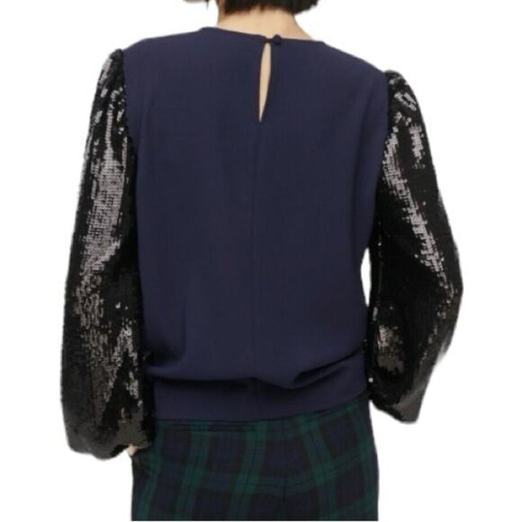 J. Crew Navy Blue Black Sequin Sleeve Blouse size Large - Picture 3 of 9